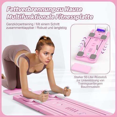 Pilates Board,Fitnessgeräte für zuhause,Faltbares Multifunktionales Reformer Board,Ganzkörpertraining,Automatisches Rebound Bauchmuskeltrainer Mit Widerstandsband,Rosa