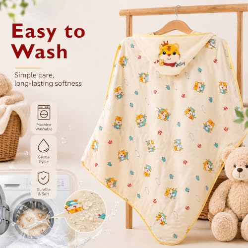 Image of StarAndDaisy Baby Swaddle Wrapper Blanket with Hood | Cotton & Soft Bean Velvet Receiving Blanket | Newborn Baby Wrap, Infant Sleeping Bag, Baby Quilt for Boys & Girls (Yellow)