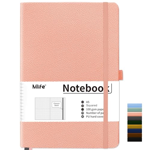 Mlife Quaderno a5 Quadretti, Taccuino con 200 Pagine, Carta Spessa 100g/m² Resistente all'inchiostro, Quaderni con Copertina Rigida in PU, Tasca Interna, Banda Elastica, Journal & Diary (Rosa)