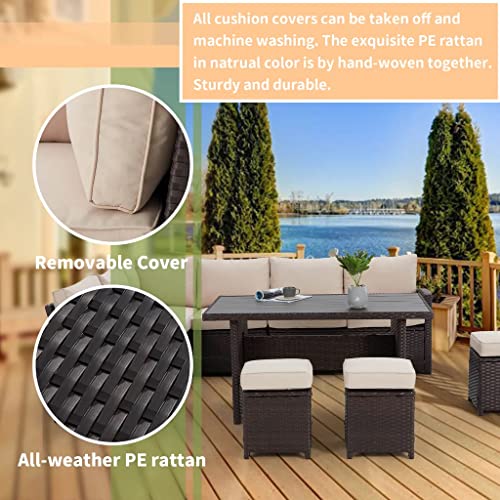 Image of DEVOKO Outdoor All-Weather Sectional Wicker Sofa Set and Ottomans with Washable Cushions and Dinning Table for Backyard, Pool (Dark Brown and Cream)