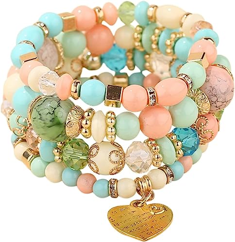 Jewellify Women's Beaded Bracelet Set - Colorful Boho Stackable Design with Crystal Accents - Trendy Fashion Bracelets Jewelry for Women (Light Green)