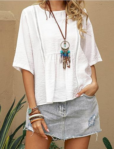 Womens Summer Cotton Linen Half Sleeve Shirt Crewneck Loose Fit Solid Oversized Basic Tee Blouse Tops3