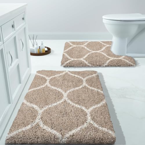 Image of Beige M Bath Rug Set - Durable Bathroom Mats, Bath Mat + U-Shaped Contour Toilet Rug, Machine Washable, Modern Bathroom Decor - (50x60 cm + 40x60 cm)