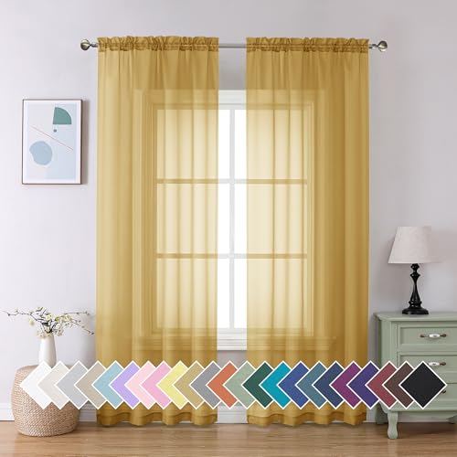 Aiyufeng Gold Sheer Curtain 84 Inches Long 2 Panels Set Light Filtering Gold Window Curtain Drapes Treatment for Kitchen Bedroom Children Room Dual Rod Pocket 2 Pack of 42 x 84