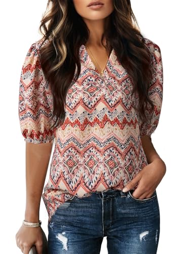Image of Dokotoo Womens Blouses V Neck Puff Short Sleeve Business Casual Tops