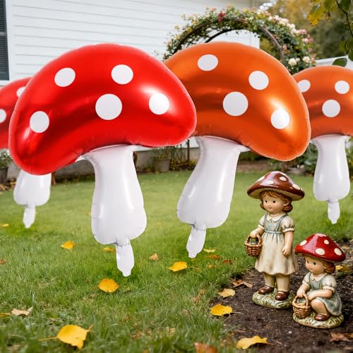 Image of Vuzvuv 30 Inches Red Brown Foil Mushroom Balloons Set, Video Game Mushrooms Party Decoration for Birthday, Theme Parties, Spring Holiday Picnic, Forest Plant Theme Decor（6Pcs）