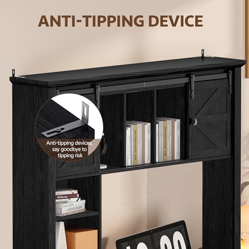 Image of Large Desktop Bookshelf with Sliding Barn Door, 47.2''W Desk Shelf Display Rack, Desktop Organizer Storage Rack with 7 Cubbies and Drawer, Home, Desk Shelf for Office, Dorm, Vanity, Black