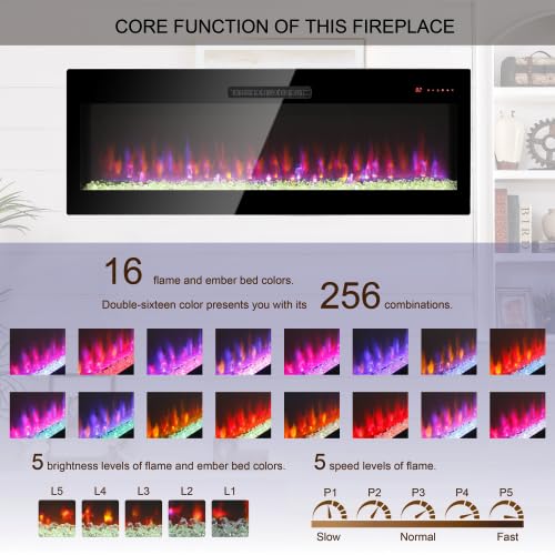 60inch Electric Fireplace with 16 Color Adjustable 3D Flame, with Fireplace Remote Control, Timer, 64F-82F Wall-mounted Corner Electric Fireplace Heater Firebox