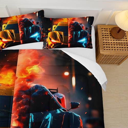 Image of Boys Comforter Set Twin Size Race Car,Kids Twin Size Blue and Red Race Car Bedding Set,Race Car Quilt Twin with 1 Comforter with 2 Pillow Case,Kids Race Car Themed Bedroom Decor for Boys