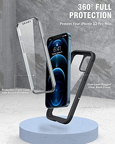 Image of miracase Designed for iPhone 12 Pro Max Case, Full Body Rugged Case with Built-in Touch Sensitive Anti-Scratch Screen Protector, Soft TPU Case Compatible with iPhone 12 Pro Max 6.7 inch, Black