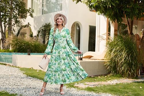Image of GRACE KARIN Women's Floral Maxi Dress 2026 Fall Long Sleeve V Neck Empire Waist A Line Flowy Dress with Pocket