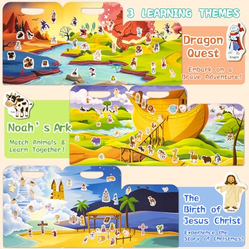 Image of Reusable Sticker Books for Toddlers 1-3, Puffy Stickers Book for Kids Ages 2-4, Toddler Travel Activities Book Toy for Birthday Christmas - Christianity Jesus, Noah's Ark, Fairy Tales(3 Set)