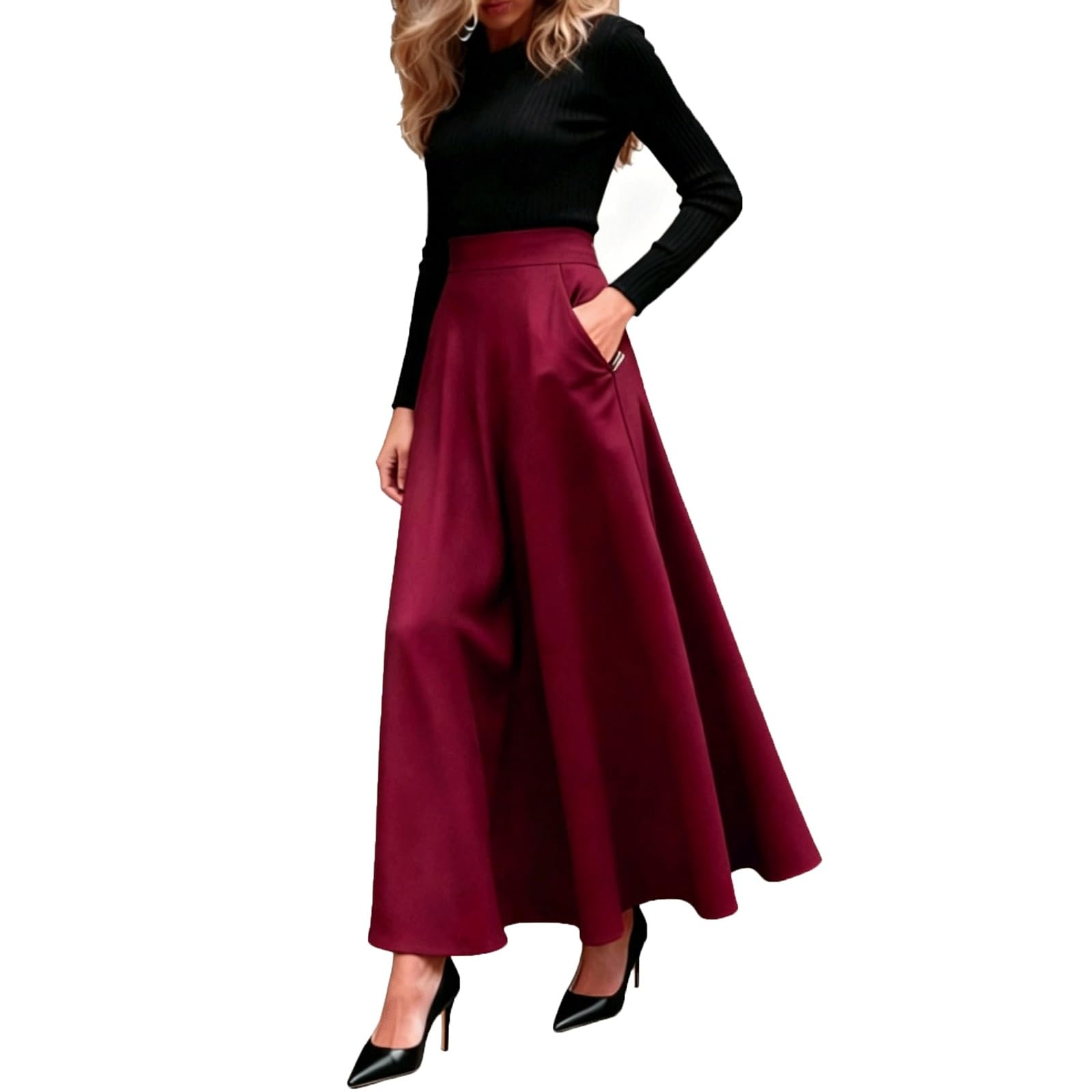 DUddTTW Fashion Women's Maxi Skirts Plus Size Midi Long Skirt Elegant Clothing(Wine Red,Lagre)