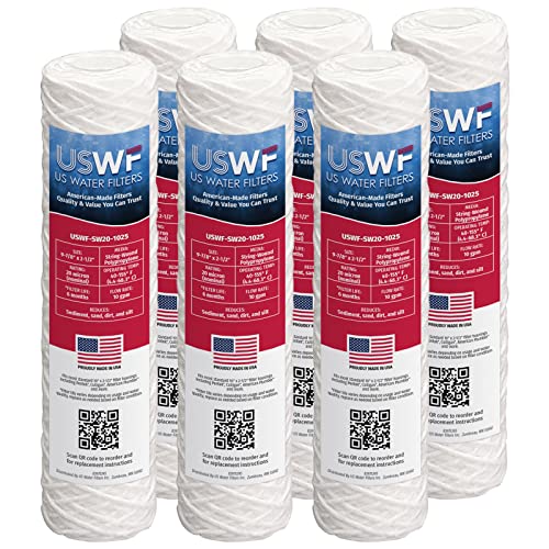 20 Micron 10 Inch x 2.5 Inch | 6-Pack String-Wound Polypropylene Whole House Sediment Cartridge | Compatible with OmniFilter RS3-DS, Hydronix SWC-25-1020 | Made in the USA, US Water Filters