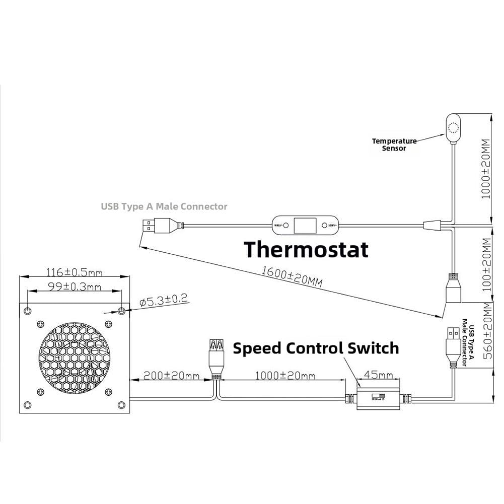 Ventola USB con termostato 0-60 °C, 3 velocità, silenziosa 19,3 dB, doppio cuscinetto a sfera, alloggiamento in alluminio, ventola di raffreddamento per armadi AV, serra, gabbia per animali