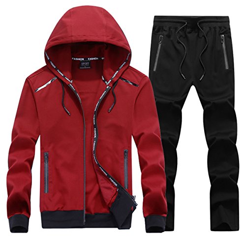image for INVACHI Men's Casual 2 Pieces Solid Full Zip Hooded Sports Sets Jacket