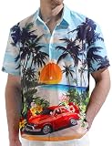 JOGAL Mens Tropical Hawaiian Shirt Short Sleeve Button Down Floral Print Casual Shirt Vacation Summer Beach Shirts Sunset Car X-Large