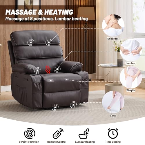 Image of PU Leather Extra Wide Manual Recliner Chair for Adults with Massage & Heat, Oversized Lazy Recliner with 1.5X Thick Sponge Comfort for Living Room Bedroom,Coffee