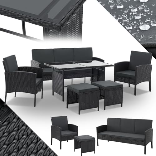 Juskys Salon de Jardin en rotin synthétique Turin - Ensemble 6 pièces - 7 Personnes - Meubles d'extérieur avec fauteuils, Table & Coussins - Noir