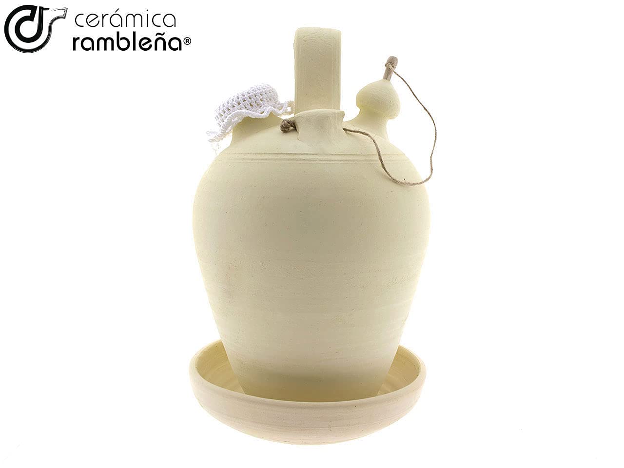CERÁMICA RAMBLEÑA | Botijo de Barro Tradicional de La Rambla (Córdoba) | 100% Hecho a Mano | 3.25 litros | Eco | Accesorios incluidos
