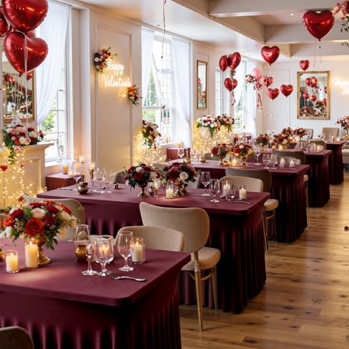 Image of 2 pk Burgundy Spandex Tablecloth 6ft with Ruffled Tables,Wrinkle Free High-Stretch Fitted Table Cloths for 6 Foot Rectangle Tables,Elastic Maroon Spandex Table Covers 6 ft for Weddings Banquet Dinning