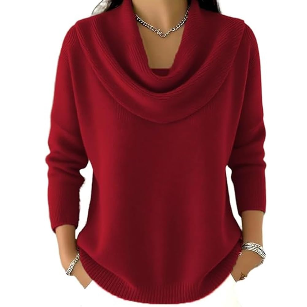 Elegant Retro Soft Triangle Neck Solid Color Sweater Top Womens Cozy Long Sleeve Knit Pullover Cowl Style Winter
