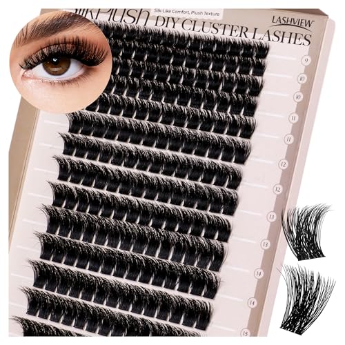 LASHVIEW Cluster Lashes D Curl Volume Eyelash Clusters 9-16mm Mix SilkPlush Soft Fluffy DIY Cluster Eyelash at Home-Style W03