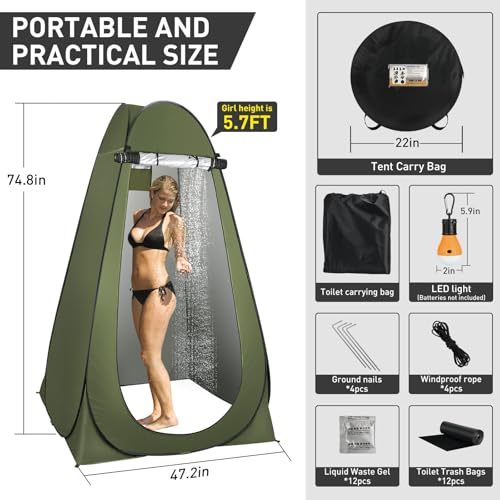 Portable Camping Toilet with Pop-Up Privacy Tent, 12-inch Toilet Seat, Outdoor Portable Folding Toilet Potty for Adults Load Capacity of 400 Lbs, LED-Light Camping Bathroom miniatura 5