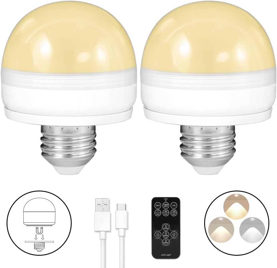 BLUEYE Rechargeable Light Bulbs,2Pack,7W,Remote Control,Soft Warm 2700K-6000K,50W Equivalent,450Lumens,Flicker-Free,E26 Detachable Charging,E12 Available,Battery Operated Emergency Lamp for No Outlet