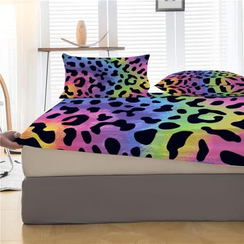 Drap housse 140x200 antidérapant léopard coloré résistant aux plis pour lit double - 4