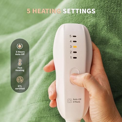 JET'S HOME Heated Blanket 50"x60" - ETL&FCC Certified Flannel Electric Blanket Machine Washable Heating Throw with 5 Heating Levels 3 Hours Auto-Off Overheating Protection Gift for Family(Bud Green) — view 2