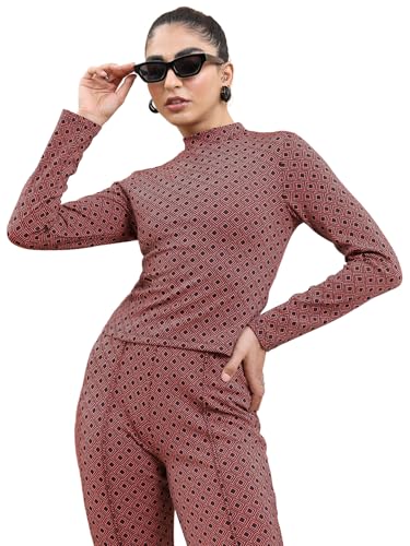 Tokyo Talkies Abstract Printed Fitted Top Coral/Black