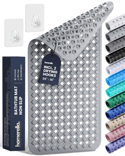 Bathtub Mat Non Slip 35x16 - homerella® Bath Mat Incl. Hooks for Drying, Extra Long, 100% BPA Free, Shower Mat Non Slip Anti Mold, Machine Washable, Shower Mats for Inside Shower Mildew Resistant