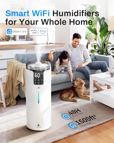 Image of Lacidoll 16L Smart Humidifier large room, Whole house Humidifier for Home 1500 sq.ft with APP /Voice /Remote Control, Ultrasonic Cool Mist Humidifiers for Bedroom, Plants, office with Tube, White