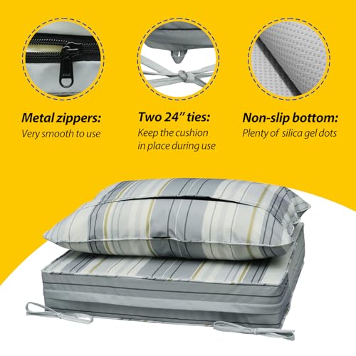 Image of AAAAAcessories Outdoor Seat Cushions for Chairs, Fade-Resistant, Waterproof Patio Furniture Replacement Cushions, 25.5 inch x 25.5 inch x 5 inch + 25.5 inch x 19 inch, Set of 2, Ash Blue Harbor Stripe