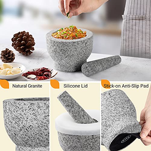 Tera Mortar And Pestle Set 2-Cup Capacity Molcajete Bowl, Incl. Silicone Lid, Garlic Peeler, Stick-On Anti-Slip Pad For Base, Unpolished Granite Mortar And Pestle Spice Grinder 5.5 Inch #TOP4