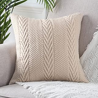 Mandioo Cotton Knitted Decorative Throw Pillow Covers Soft Cozy Outdoor Cushion Cases Luxury Modern Pillowcases for Couch Sofa Bed 18x18 Inches Beige