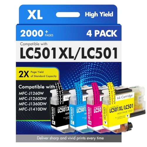 Image of LC501XL LC501 MFC-J1360DW Ink Cartridges for Brother Printer Work Smart 1360 MFC-J1260W MFC-J1260DW MFC-J1410DW MFC J1360DW J1260W J1260DW J1410DW Series Printer (4 Pack Black Cyan Magenta Yellow)