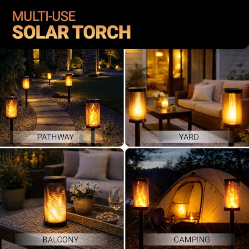 Image of Deco Window Solar Lights Outdoor 2 Pack LED Flame Torches with Flickering Flame Effect, Solar Powered Pathway Lights for Patio, Lawn, Porch, Walkway, Driveway, and Garden.