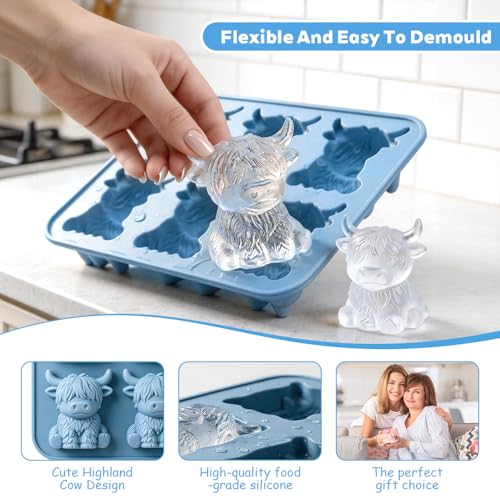 Mini Highland Cow Ice Cube Tray, 3D Highland Cow Ice Cube Mold, Cute Highland Cow Silicone Ice Cube Tray, Silicone Animal Ice Cube Tray for Candy, Jelly, Chocolate, Homemade Treats (Blue+Pink) - Image 4