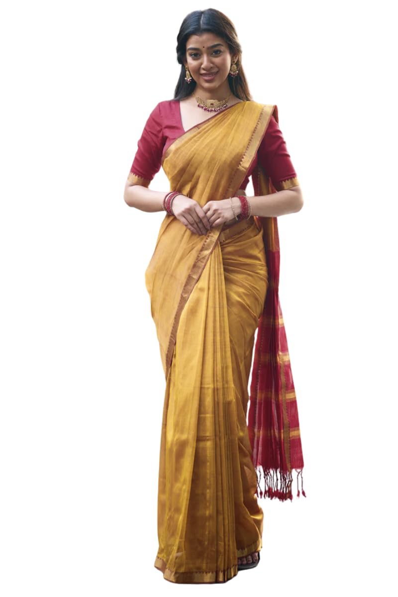 Spun Cotton Lichi Silk Saree For Women With Attach Unstitch Blouse Piece-image-4