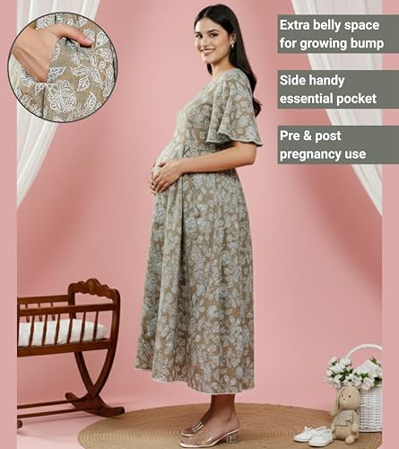 Image of DUMMY SHAPE Feeding Kurtis for Women Cotton Rayon | Printed Pregnancy Flare Kurta with Nursing Zippers to Pre & Post Partum | Maternity Dresses | Gifts for Pregnant Woman