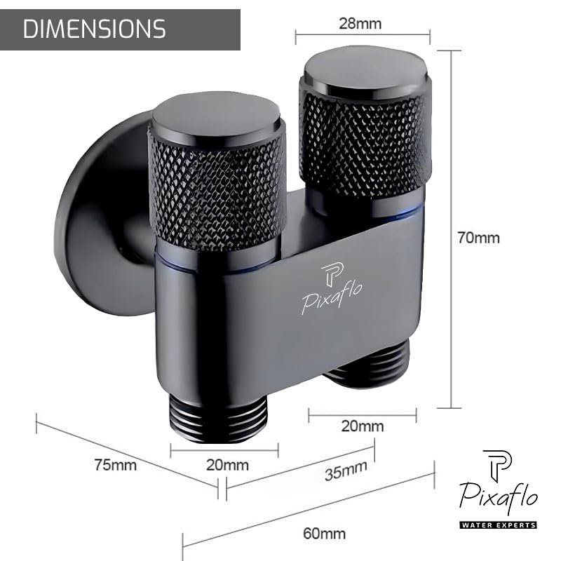 Image of Pixaflo Compact Brass 2 Way Angle Cock | 2-in-1 Angle Valve with Wall Flange | For Bathroom, Toilet, Wash Basin | Black Finish