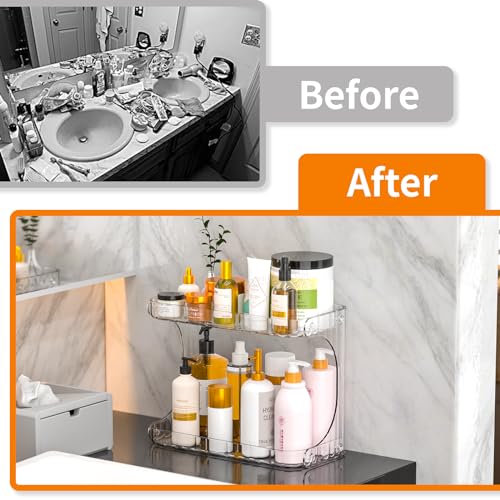Cq Acrylic PET-2TIER YUSHI-CLEAR Clear Bathroom Organizers And Storage,2 Tier Makeup Organizer Countertop For Vanity,Plastic Skincare Cologne Perfume And Skin Care Organizer Shelves,Pack Of 1 thumb #2