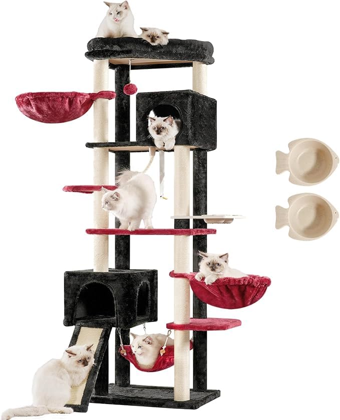 Hey-brother Tiragraffi per interni, 180 cm, con 2 grotte, 2 cestini per gatti, amaca, ciotola per cibo e tiragraffi in sisal a più piani, colore rossastro nero EMPJ036BR