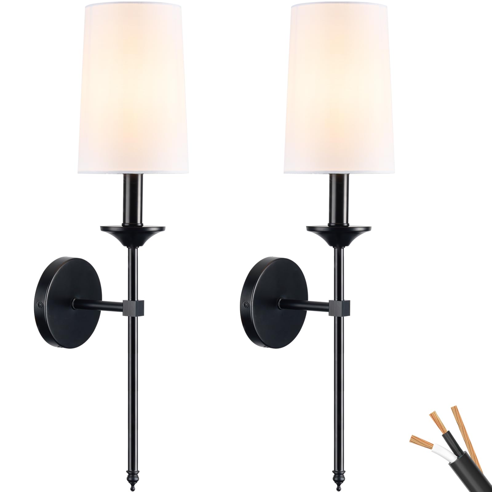 LEECOORA Hardwired Wall Sconces Set of 2 Candle Terrace Pure White Wall Light Vintage Farmhouse Black Sconce for Bedroom Hallway Livingroom Indoor Light Fixture