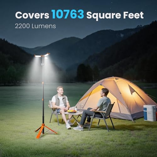 CAVN Rechargeable Camping Lights with Remote & Detachable Tripod Max Height 6.7 ft, Portable Work Light with 3 LED Lamp Heads, Camping Essentials Gear Emergency Flashlight with Hook, Orange - Image 5