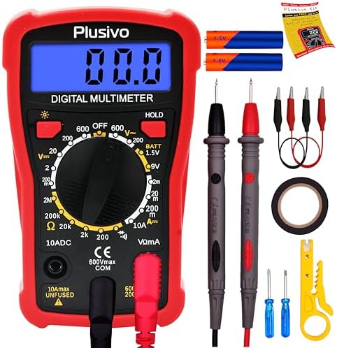 Plusivo Digital Multimeter Tester 2000 Counts AC DC Voltmeter Ohm Volt Amp Multi Meter Measures Voltage, Resistance, Current, Continuity, Tests Battery and Diode with Test Probes for Electricians