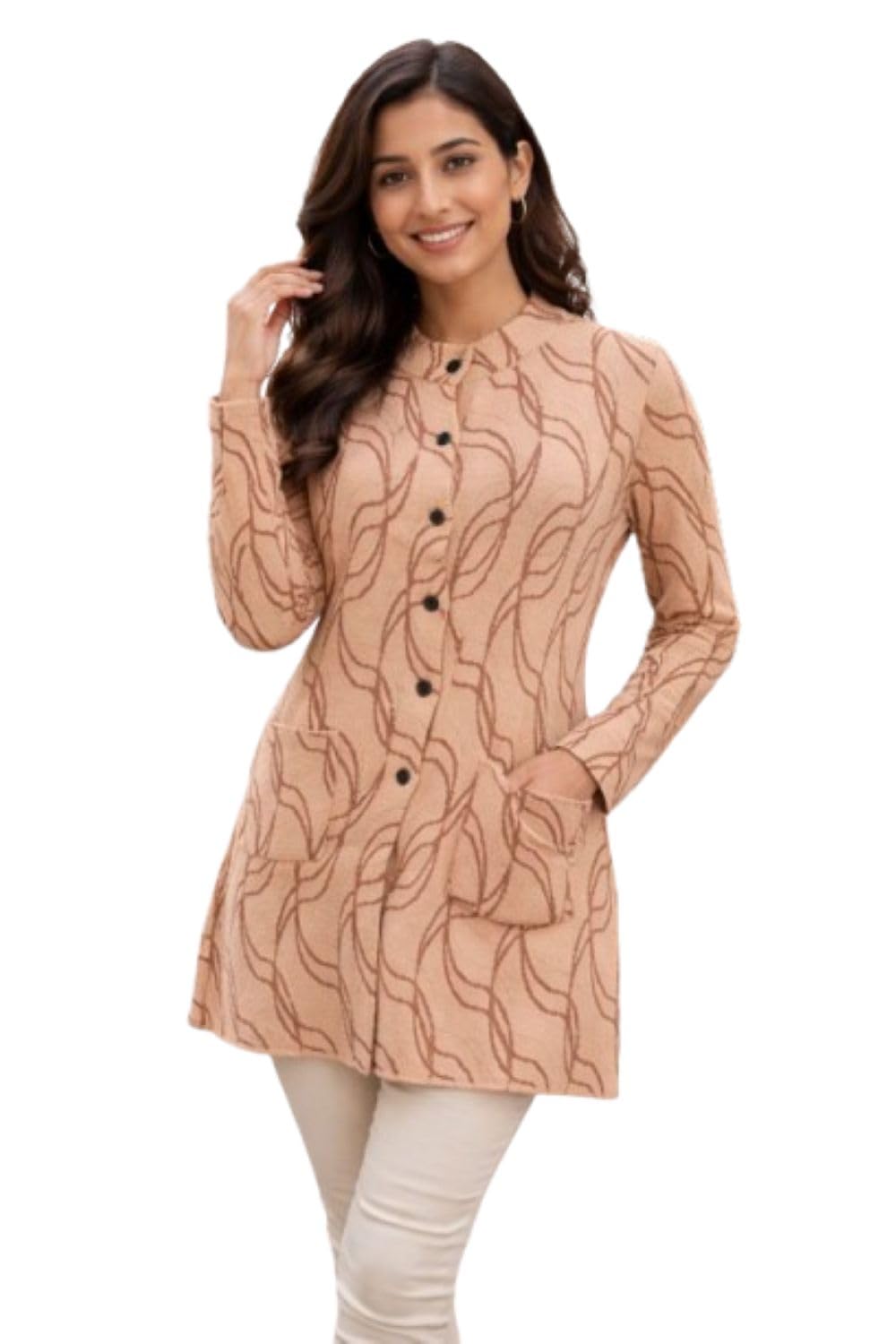 Premium Round-Neck Long Cardigan, Suede Yarn Knitted Winter Sweater, Rust Pattern Designer Woolen Outerwear, RS-885-image-0