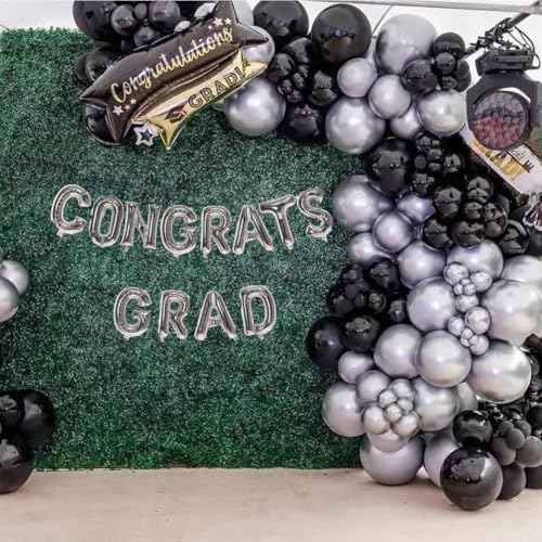 Image of Black and Silver Balloons Set, 65 Pcs 12 Inch Latex Balloons with Ribbon | Thick Durable ,Easy to Inflate,Metallic Silver and Black Balloons for Birthday Wedding Anniversary Halloween bachelor party